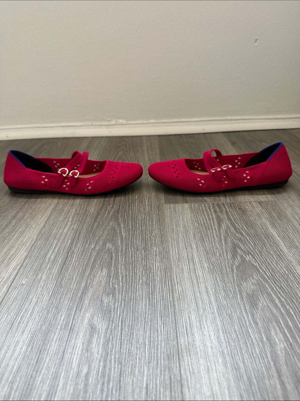 Rothy's Red Double-Strap Mary Jane Flats with Gold Buckles - Picture 2 of 3